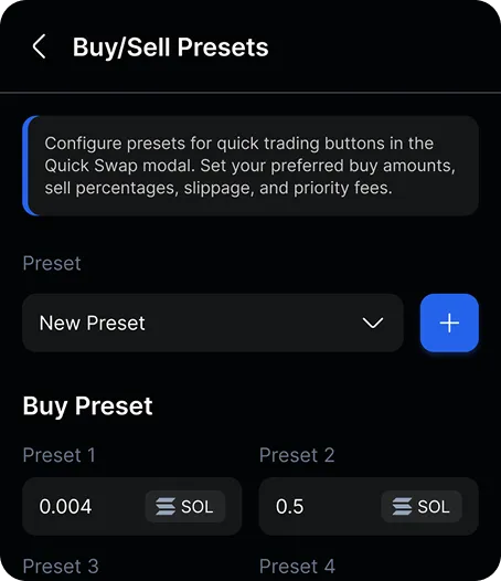 Thor Solana bot buy and sell preset interface