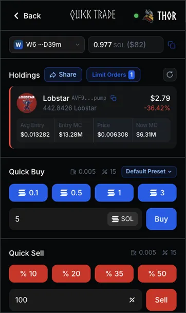 Thor Solana bot position management panel