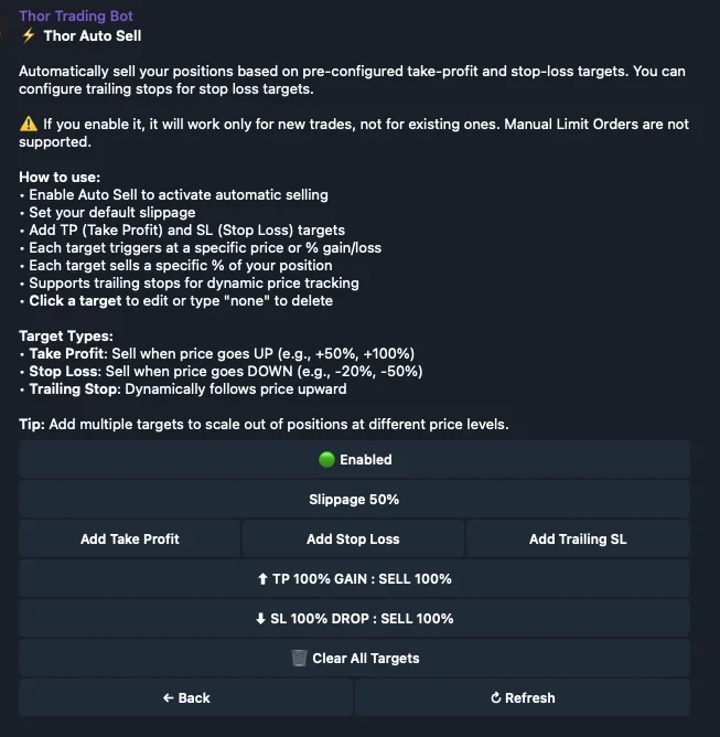 Thor AutoSell screen showing take-profit, stop-loss, and trailing stop targets
