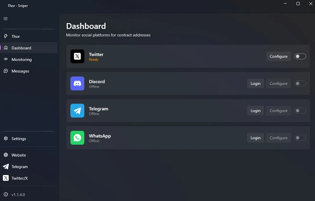 Thor Sniper dashboard showing active snipe monitoring